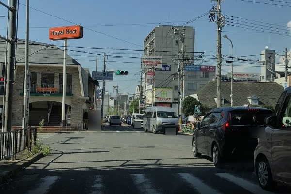 高架下を抜け、八戸ノ里駅前の交差点を直進。